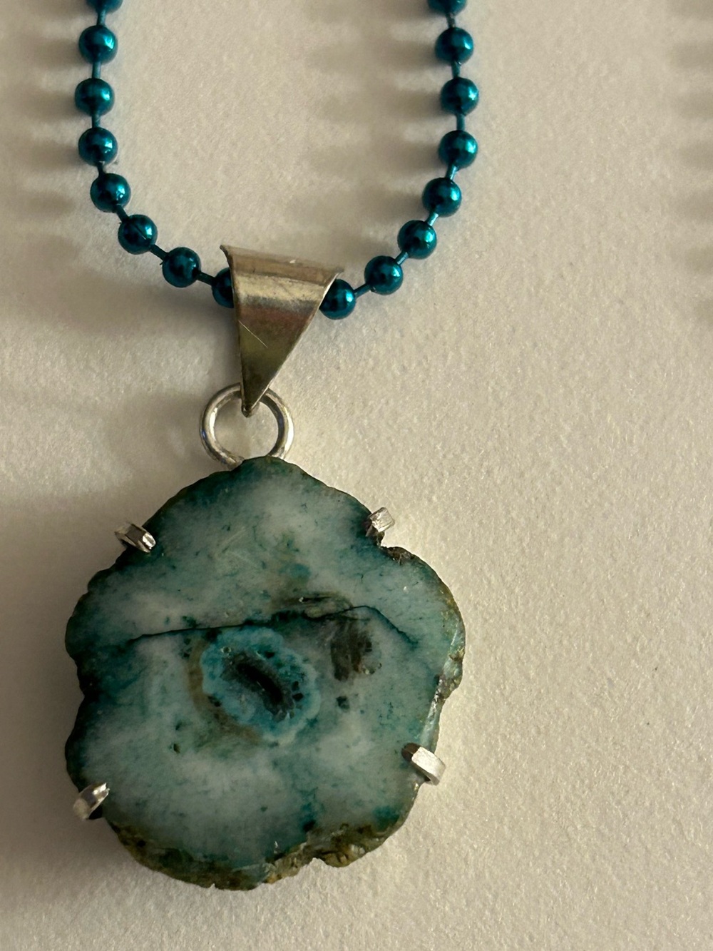 NWOT Necklace Solar Quartz  green-teal stone, silver bezel,  22” teal Ball chain